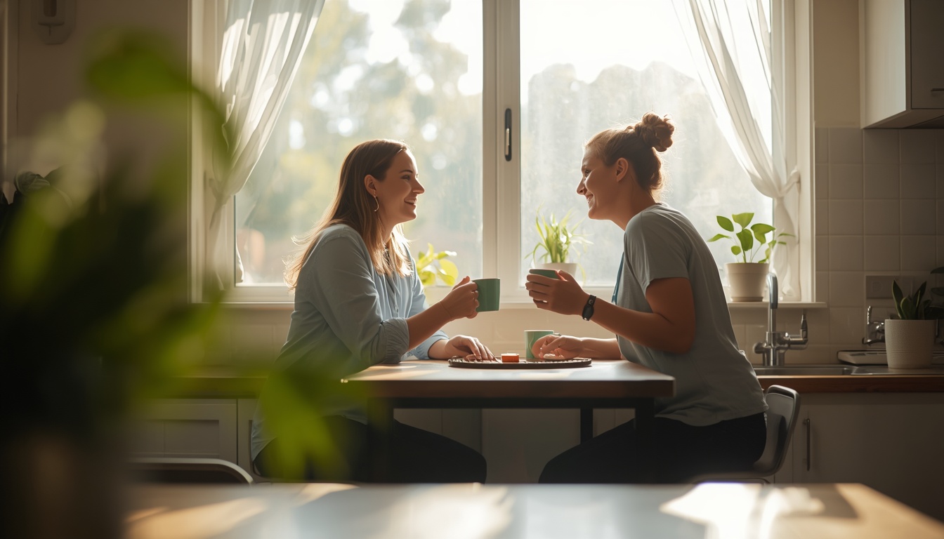 A support worker and a participant talking together in a sunlit living room