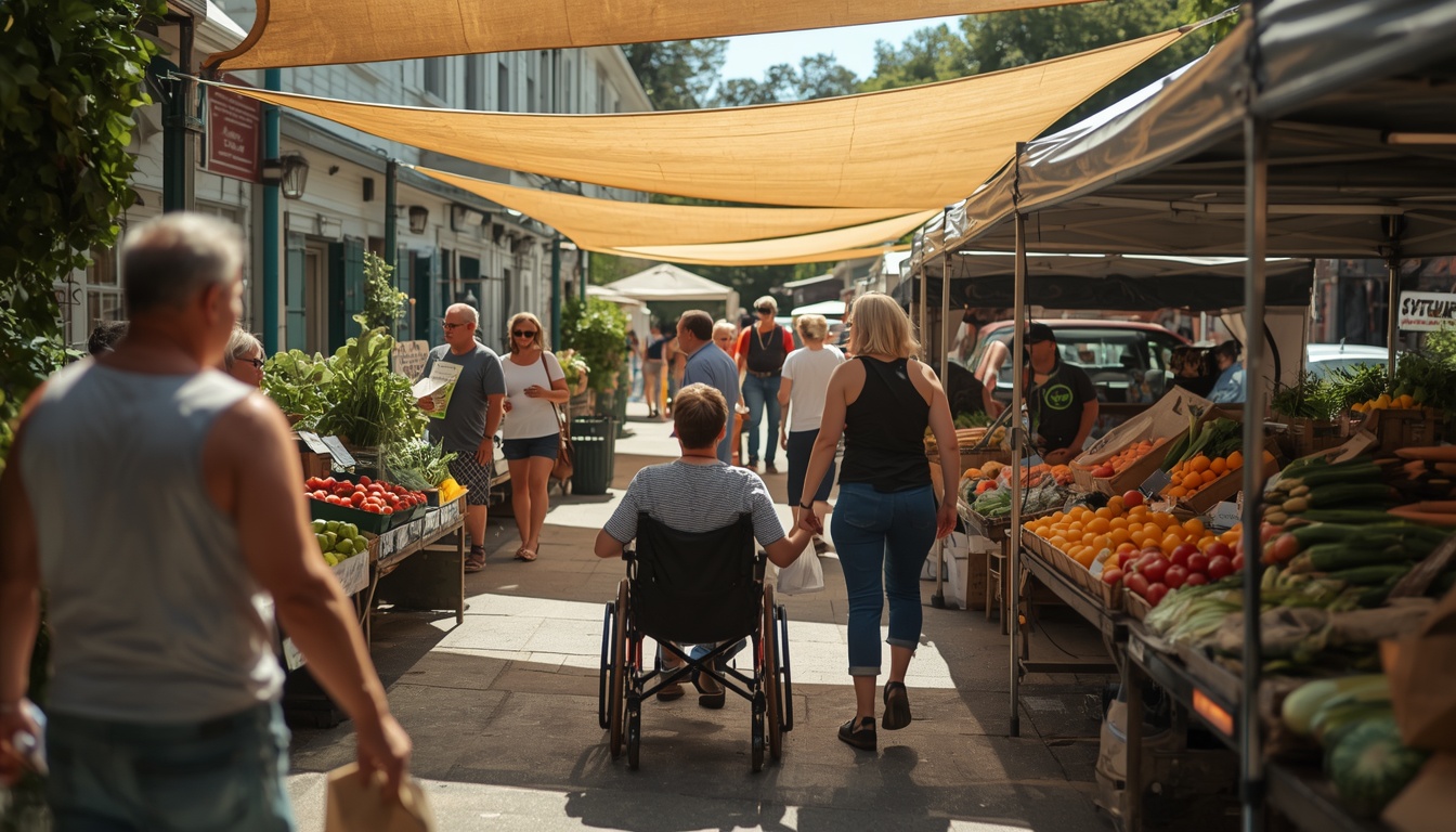 People enjoying a community garden and market on a sunny day