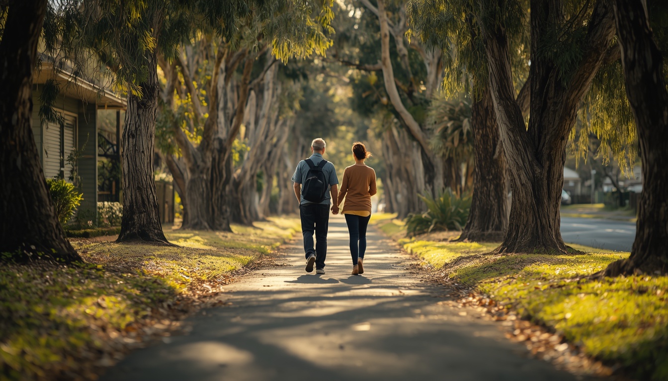 Two people walking and talking together along a tree-lined path