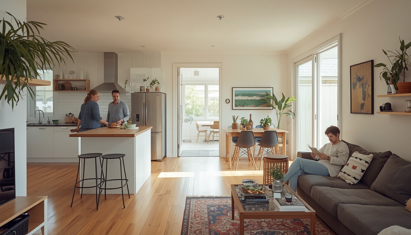 A bright shared living room with an open kitchen and natural light